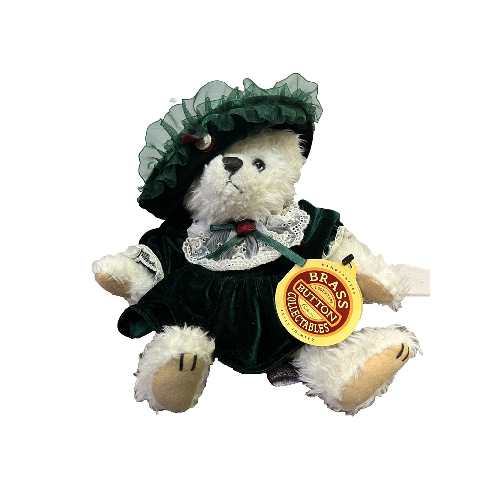 Vintage WITH TAGS Pickford Bear Brass Button Bianca Bear Plushie Green Dress Hat